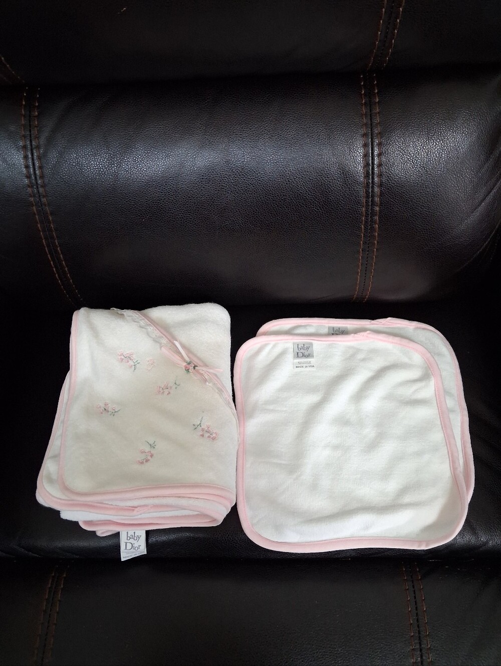 Vintage Infant Baby Dior Hooded Bath Towel with 2 Washcloths